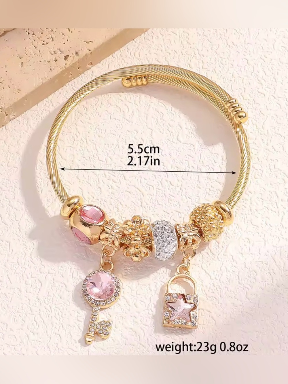 New! Gold Bracelet with Pink and Clear Crystal Charms - Picture 2 of 8